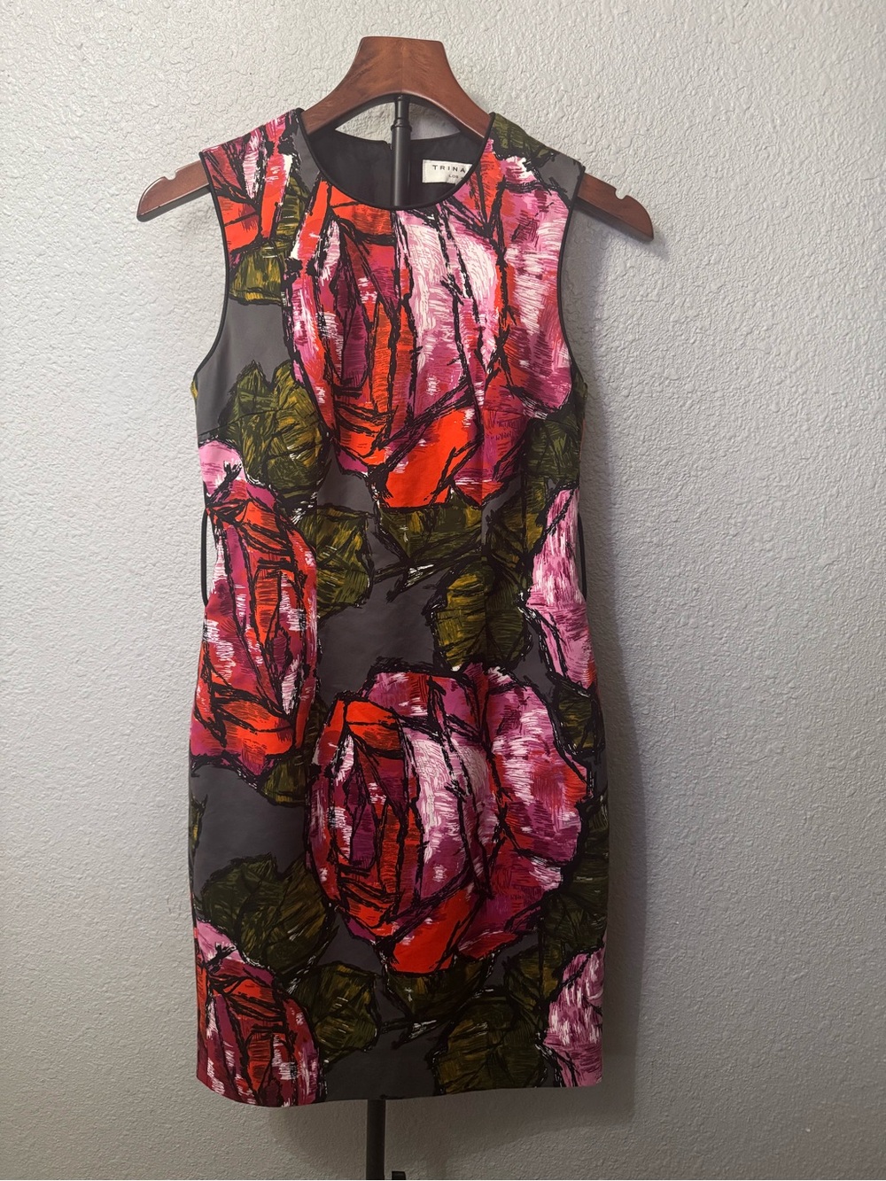Trina Turk Gray Sheath Dress with Pink & Red Floral Print